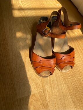 Swedish Hasbeens Cognac Leather Peep-Toe Heels with Ankle Strap